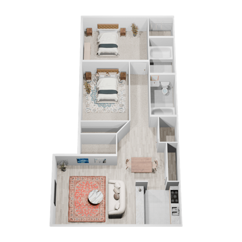 Floor plan for 2 beds, 2 baths, 1025 sqft